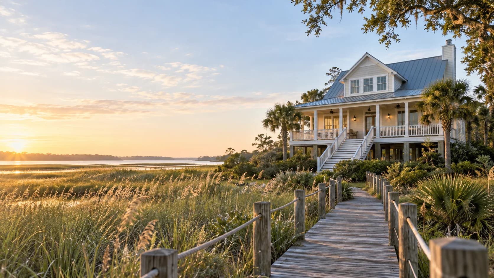 Elevated coastal home beside a tidal marsh and boardwalk